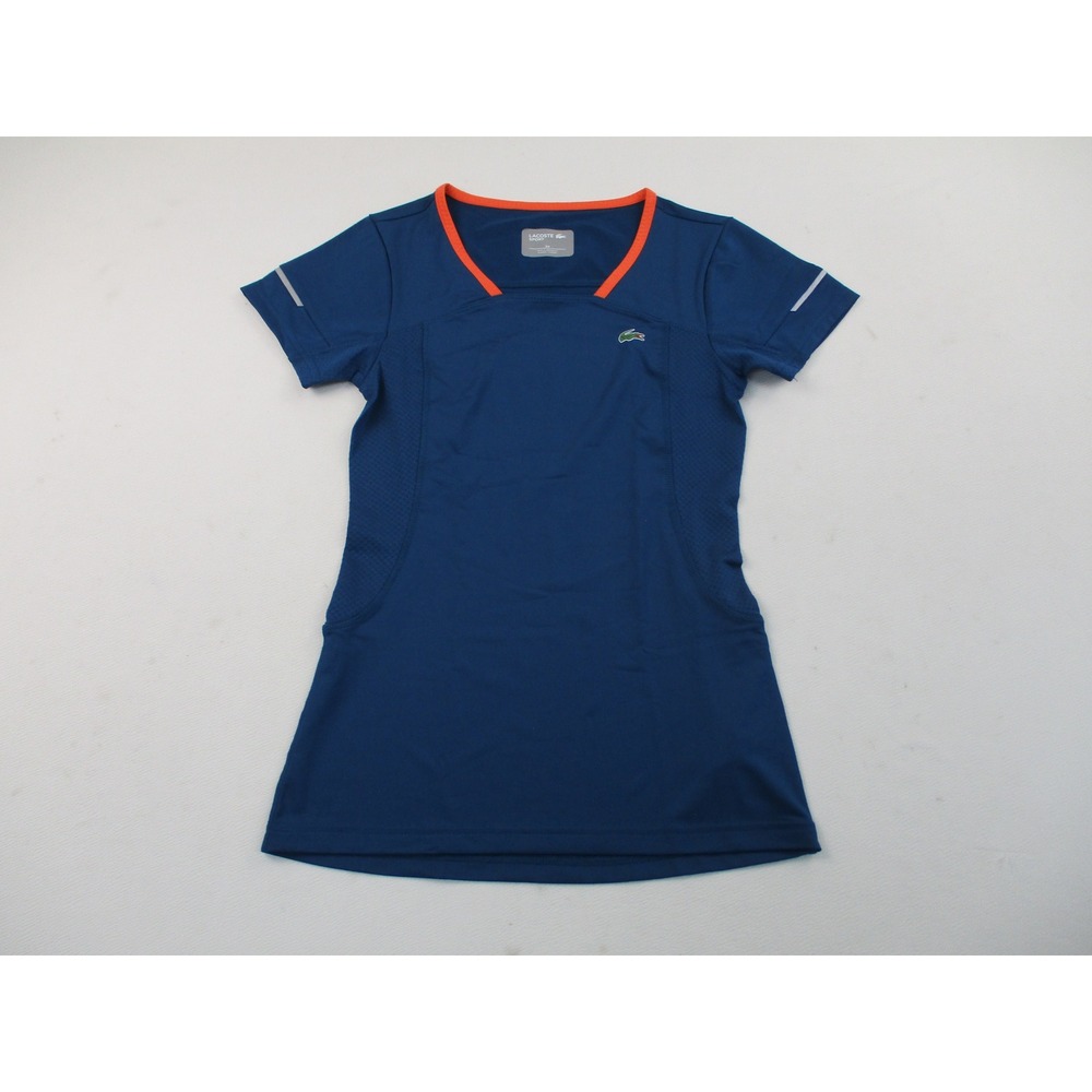 Lacoste Sport Top Women 34 Blue Active Tennis Shirt Mesh Panels Logo 12139
